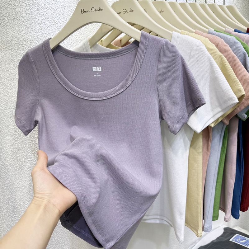 2026 Women's New Summer U-Neck Short-Sleeve T-Shirt, Slim-Fit Waist-Cinching Ribbed Cotton Top with Regular Shoulders and Clavicle Exposure