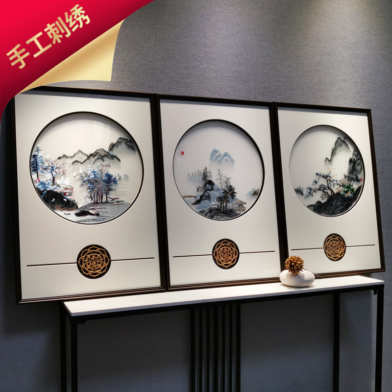 New Chinese mountain soda embroidery finished with frame hanging sofa background wall decoration of three Linxin Solid Cultural Wood