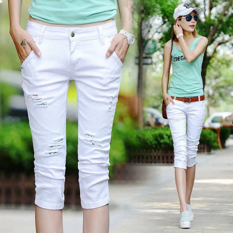Thin Summer Denim Pants for Women, White Cropped Pants, 2026 New Korean Style Mid-Length Pants, Breeches with Holes, 6-Point Pants Above the Knee Thin Summer Denim Pants for Women, White Cropped Pants, 2026 New Korean Style Mid-Length Pants, Breeches with Holes, 6-Point Pants Above the Knee