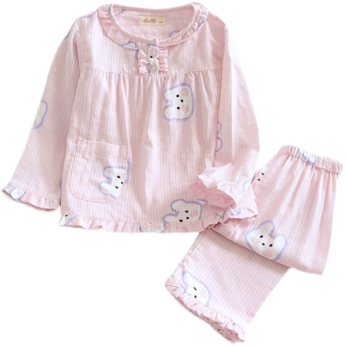 Детский летний хлопковый тонкий марлевый лонгслив, розовая дышащая клубника, пижама, семейный стиль