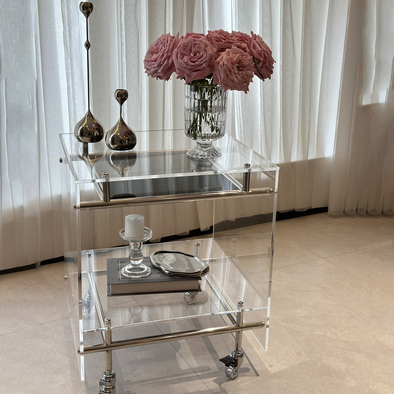 Trendy Acrylic Side Table, Small Cart, Light Luxury Minimalist Storage Cabinet, Home Bedside Table, Movable Transparent Coffee Table
