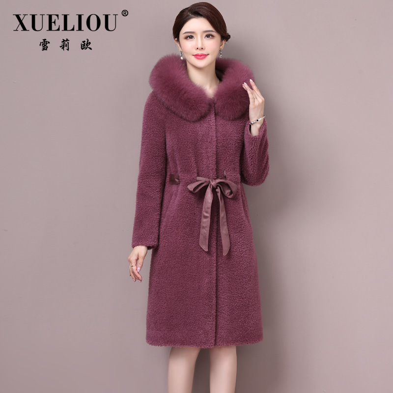 Haining cashmere áo phụ nữ 2019 mới mùa đông áo hạt lông chồn lông cổ áo lông thú một phương tiện có độ dài