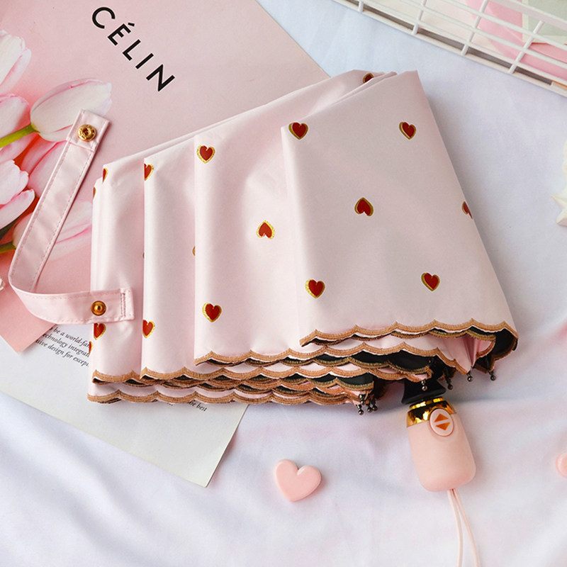 Automatic sunshade anti-UV female folding rain or shine dual-use umbrella embroidery edge ins wind bronzing sunshade