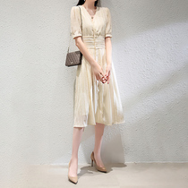 CATHYLADI heavy industry burning flower V collar short sleeve dress waist thin temperament 0220 new summer long skirt summer