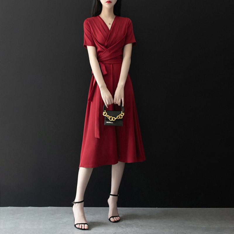 CATHYLADI Crossover V Collar Strap Light Ripened Wind Polo Dress 2020 New Summer Cashew Slim Snowspun Medium Long Dress