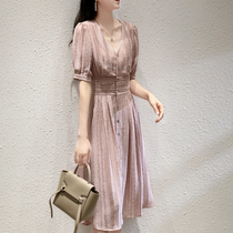 CATHYLADI pullover dress 2020 new summer waist thin temperament V collar pink purple burning Medium-length dress
