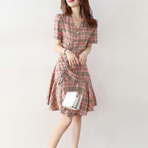 CATHYLADI fairy dress sweet Air French V collar summer new waist small man fishtail skirt Medium-length dress