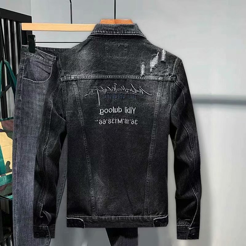 Spring and Autumn Black and Gray Denim Jacket for Men, Trendy Retro Casual Ripped Embroidered Jacket, Korean Style Trendy Denim Clothing