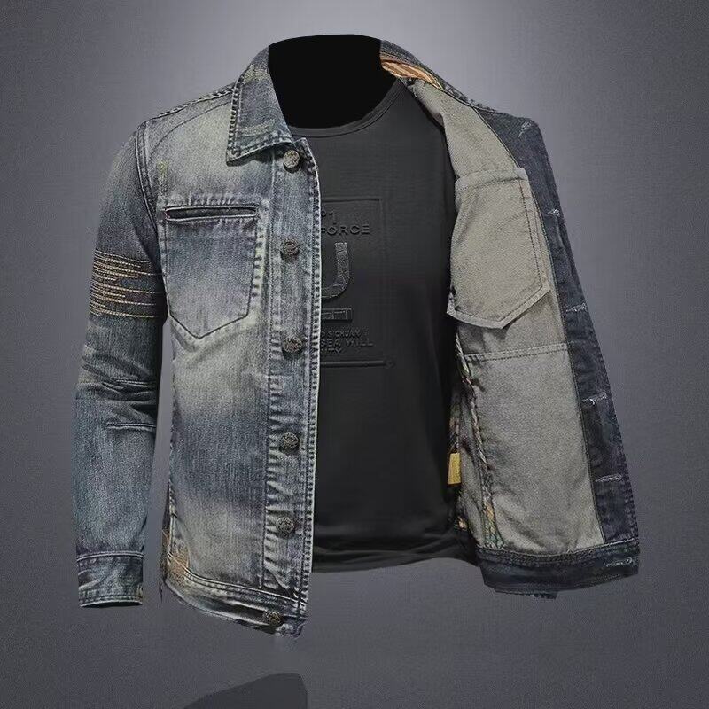 Giacca di jeans vintage da uomo slim fit stile ricamato casual_voghion.com