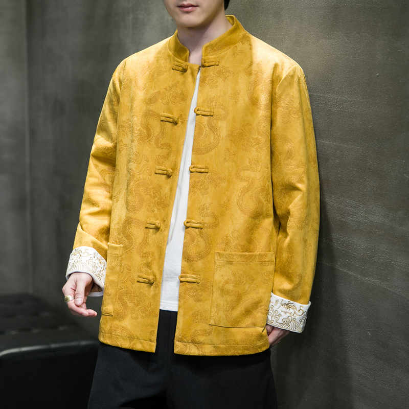 Autumn Retro Tang Suit with Dragon Pattern, Buttoned Stand Collar, Large Size Long-Sleeved Jacket for Men, Chinese Style Embroidery Traditional Clothing
