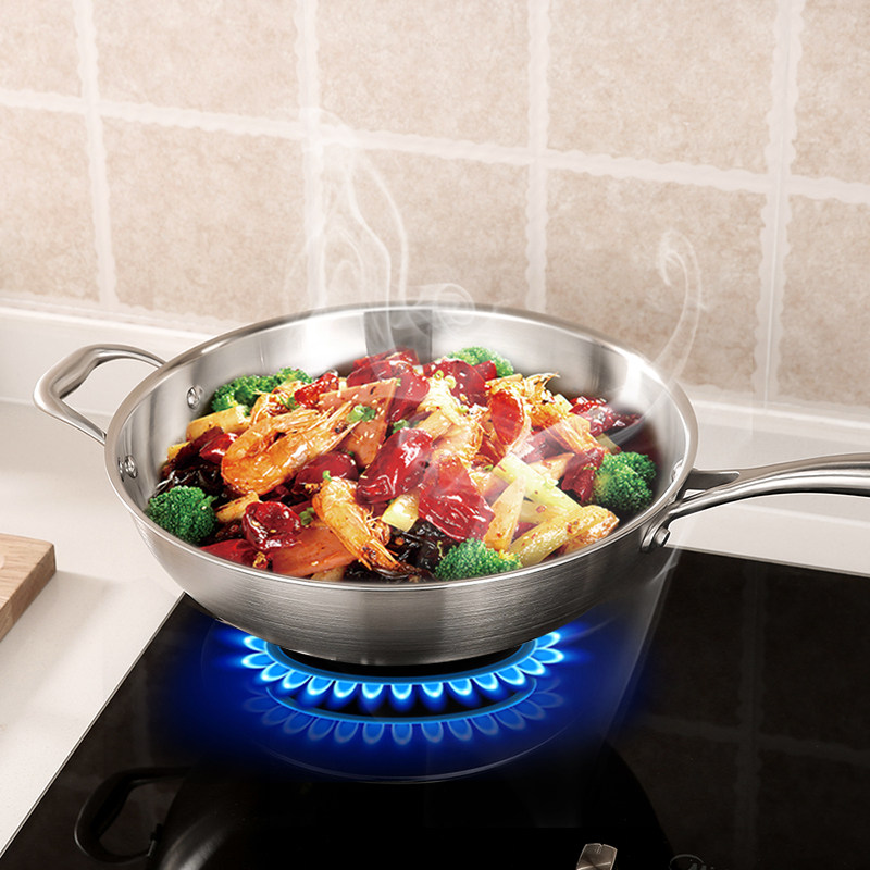 Home Stainless Steel Frying Pan Without Coating Gas Cooker Pan 32cm Frying Pan Multifunction Cooking Stainless Steel Thickened