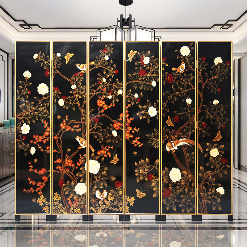 New Chinese Hand-painted Partition Flower Bird Decoration Hanging Painting Screen Family Company Hotel Background Wall Folding Screen Solid Wood