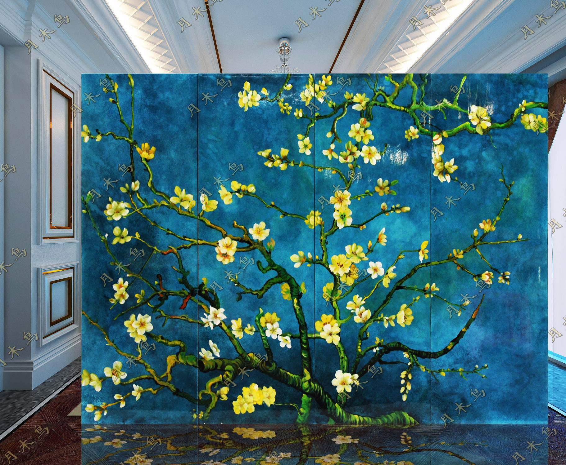 New Chinese Hotel Family Living Room Decorated hand painting Xuanguan hanging screen Van Gogh Almond Blossom Brief O Style Lacquer Painting Screen