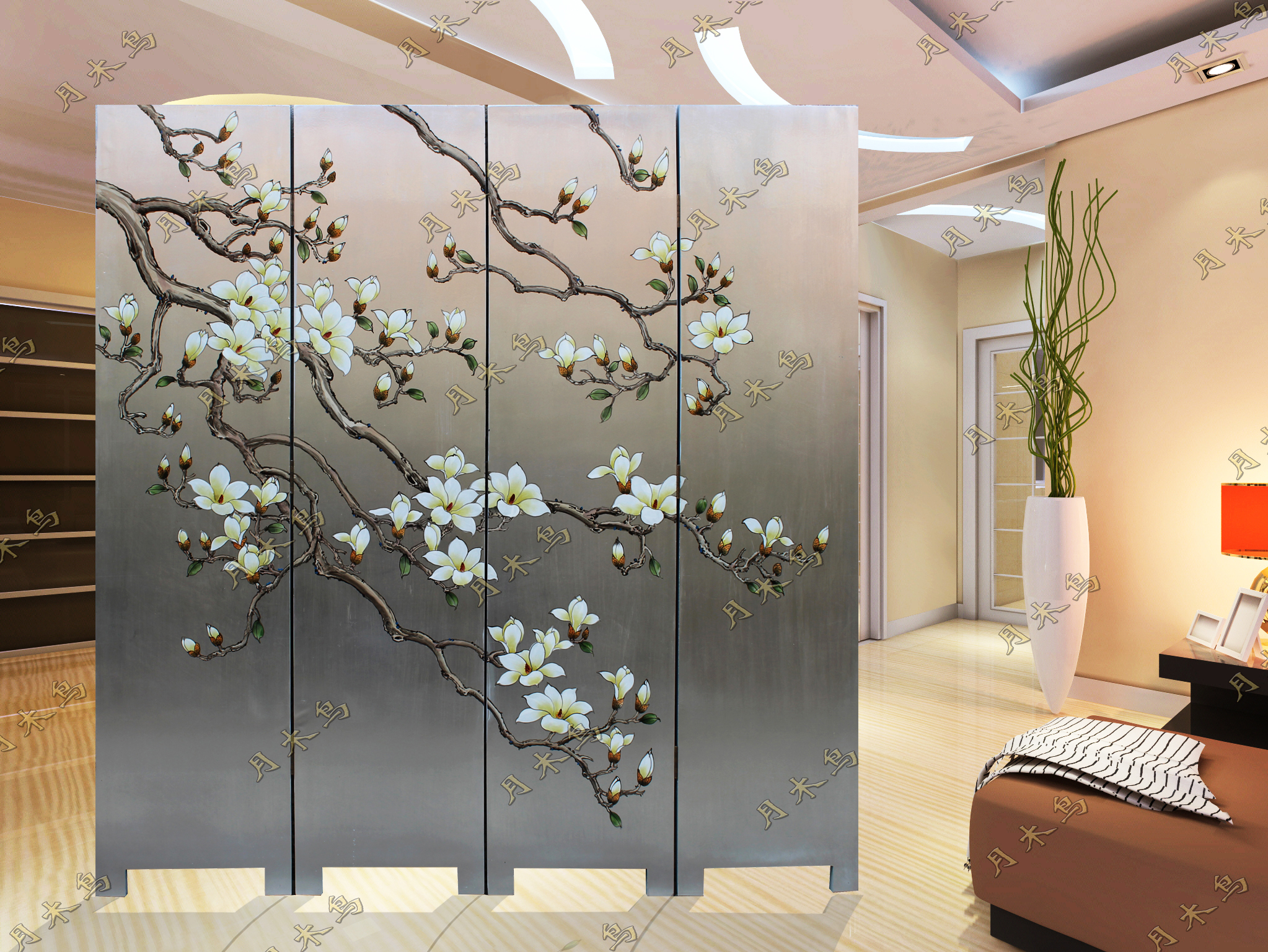 Simple modern hand painted lacquer silver foil Magnolia orchid folding partition screen family hotel porch decoration background
