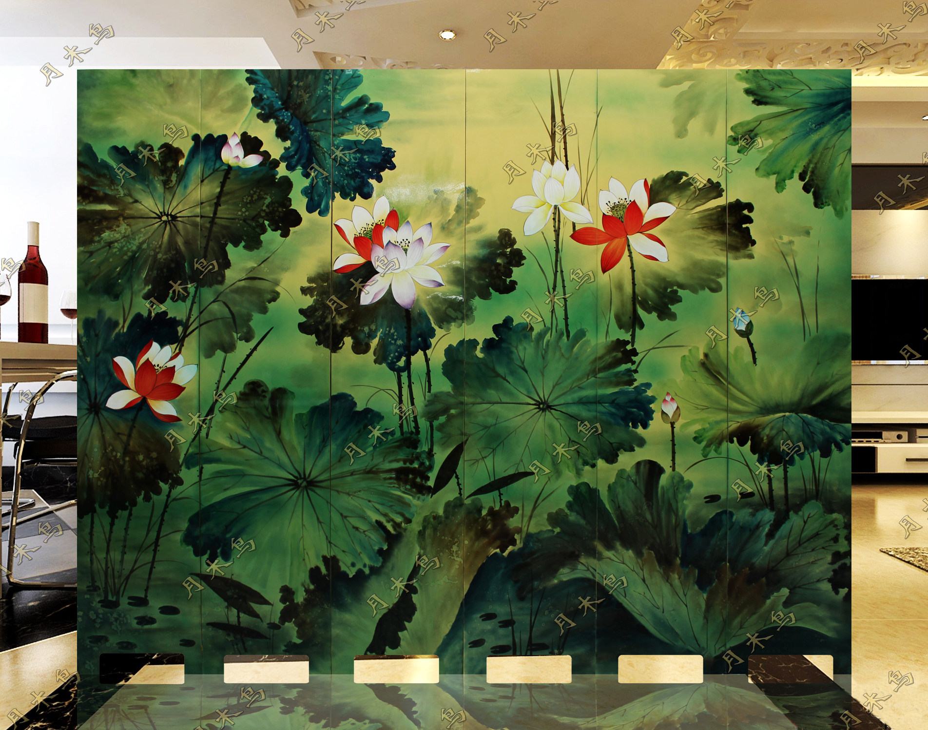 New Chinese Write a Fancy Lotus Lacquer Painting Hand-painted Folding Partition Home Green Xuan Guan Villa Hotel Screen Custom