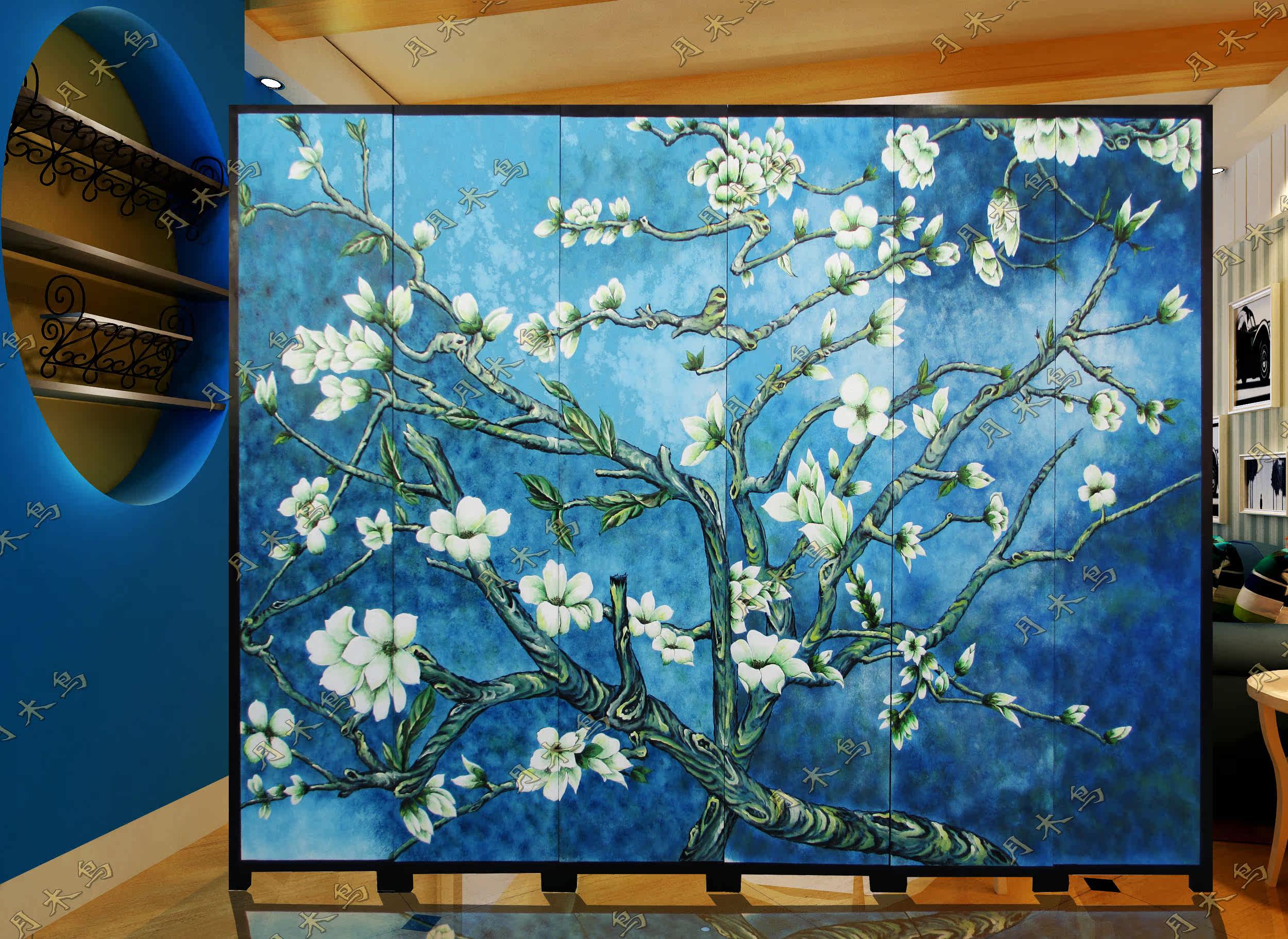 Blue Effect Relief Lacquer Painting Mediterranean European Hand-painted Magnolia Hotel Villa Custom Environmental Protection Screen