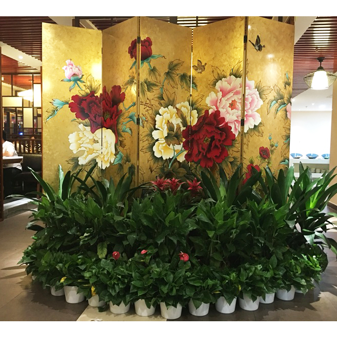 Hand-painted lacquer peony flower rich villa hotel living room screen porch partition new Chinese Classical gold foil screen