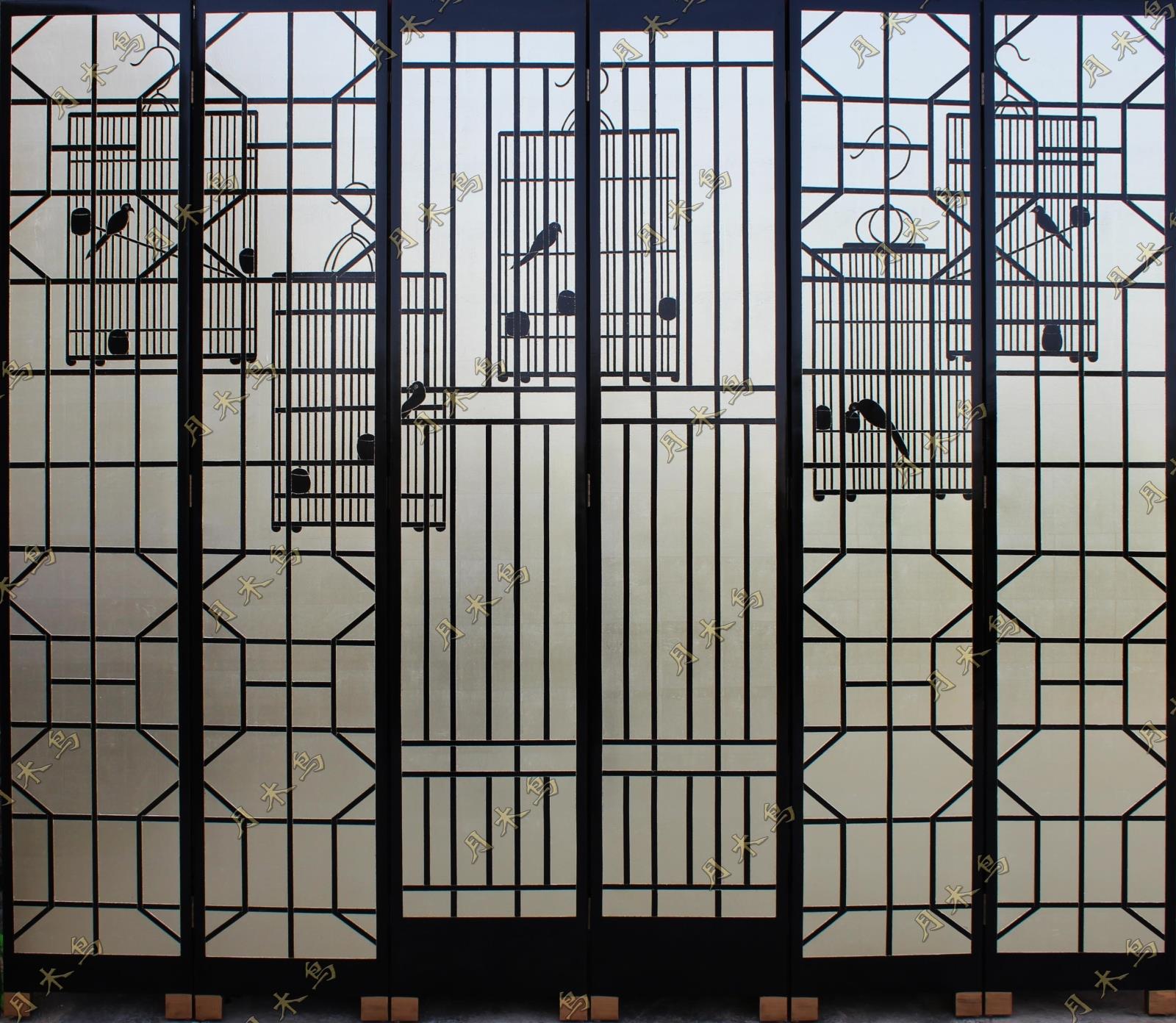 New Chinese Hotel Gold and Silver Foil Painting Handpainted Bird Cage Section Living Room Simple Classical Folding Porch Screen
