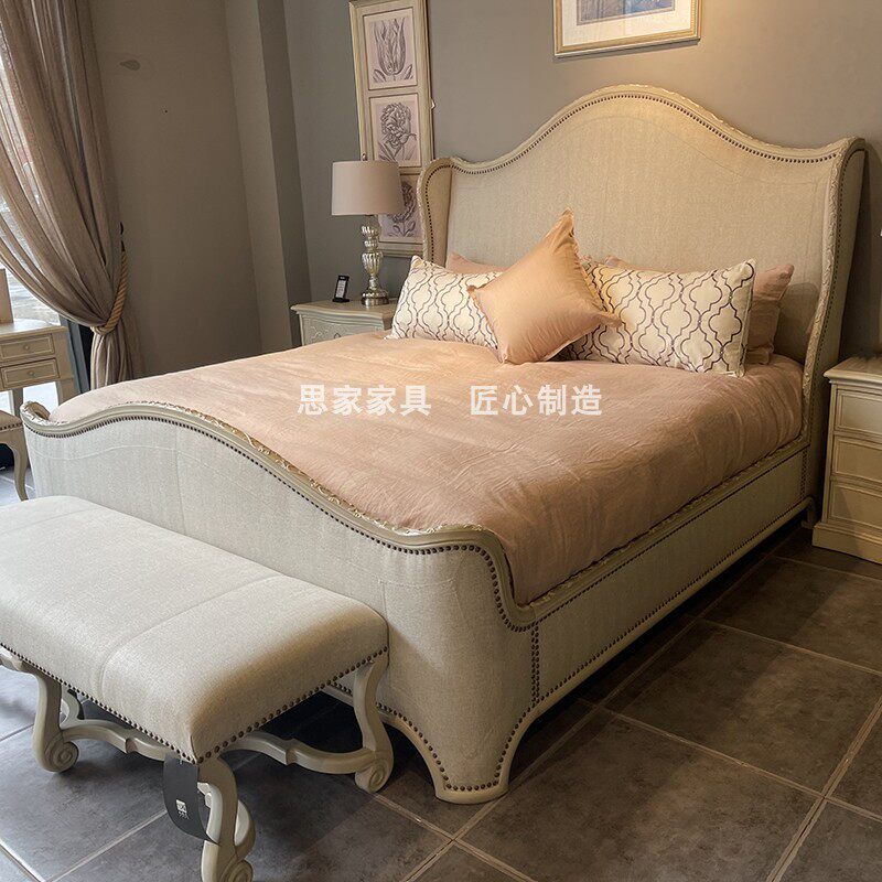 Meike Home Art Chateau無垢材ベッド、フランスおよびヨーロッパスタイルのウェディングベッド、アメリカンスタイルの彫刻入りダメージ加工ファブリック張りイヤーウィングベッド