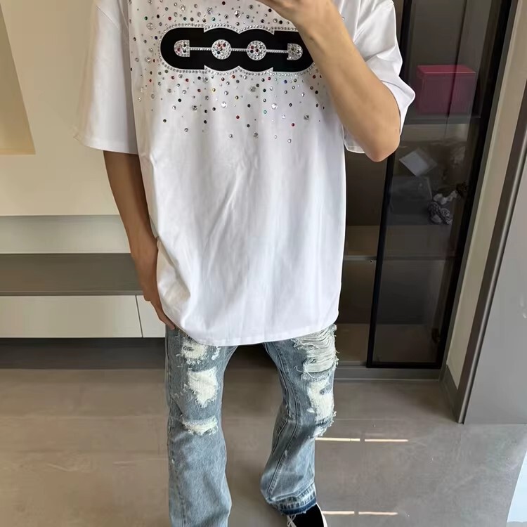 Summer New Trendy Brand Rhinestone Letter Short-Sleeve Unisex Loose Versatile Luxury Heavyweight Pure Cotton T-Shirt