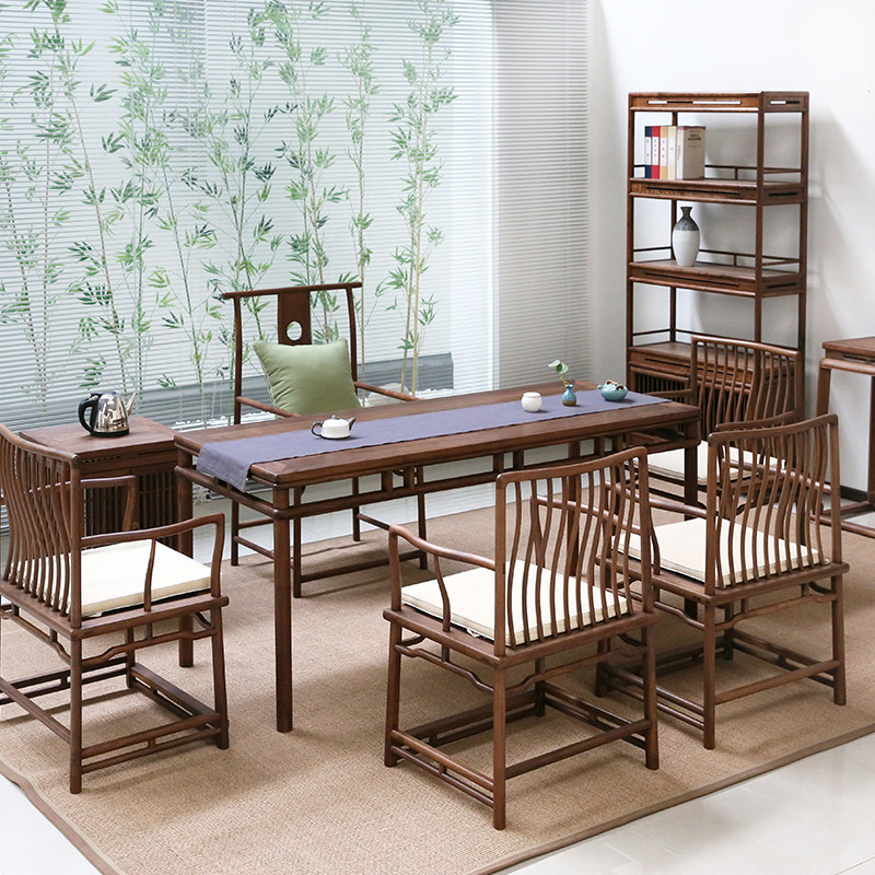 New Chinese-style tea table and chair combination solid wood tea room paint-free old elm tea table table home Zen tea table tea table