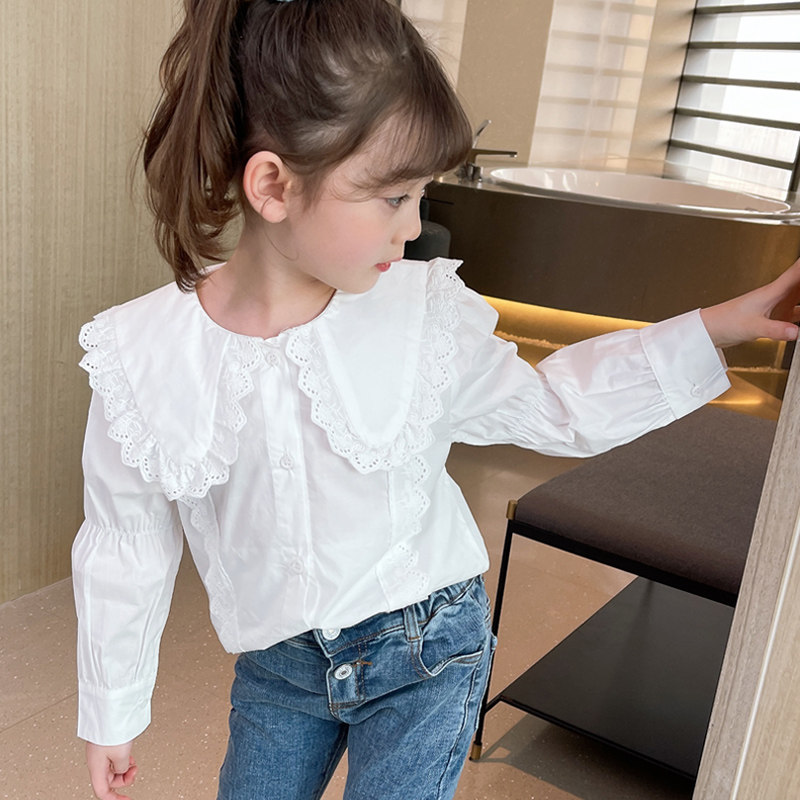 Girl White Shirt Spring Dress 2022 New Girl Child Clothing Dolls Collar Foreign Pie Long Sleeve Pure Cotton Blouse Children's Shirt
