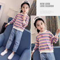  Girls  long-sleeved T-shirt Autumn new top Childrens clothing middle and large childrens stripes Korean spring and autumn childrens western-style bottoming shirt