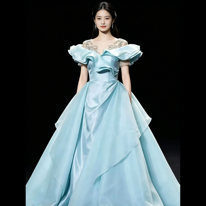 Blue Host Evening Dress for Women, High-End and Elegant, Heavy-Duty Craftsmanship, Graduation Performance Outfit for Music Students, Ethnic Vocal Solo Performance Blue Host Evening Dress for Women, High-End and Elegant, Heavy-Duty Craftsmanship, Graduation Performance Outfit for Music Students, Ethnic Vocal Solo Performance