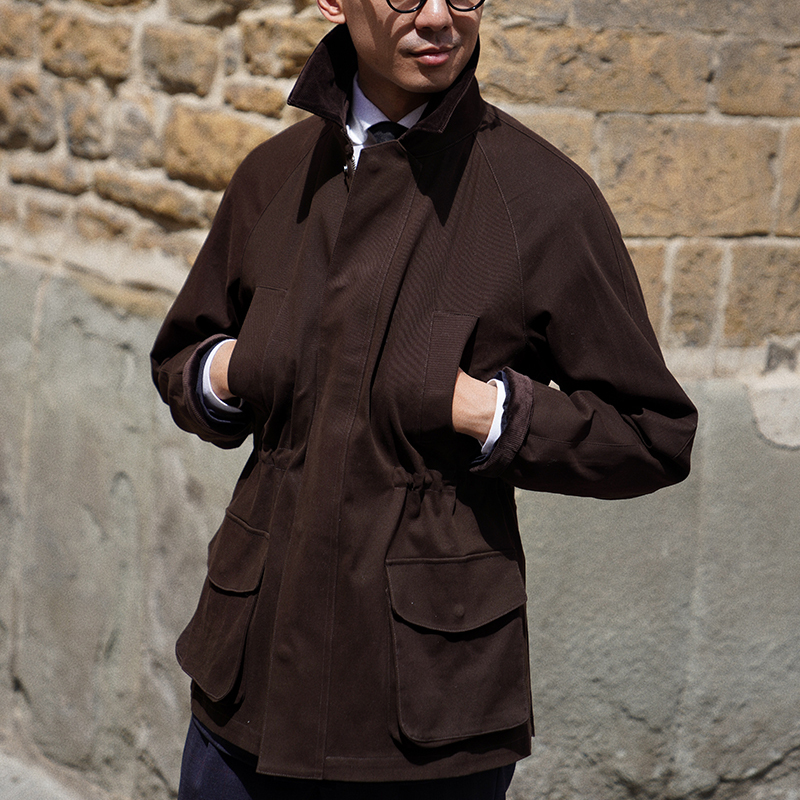 [Carmurat] cm Naples English-Style Coffee-Colored Cotton Waterproof Barber Hunting Lapel Jacket 170