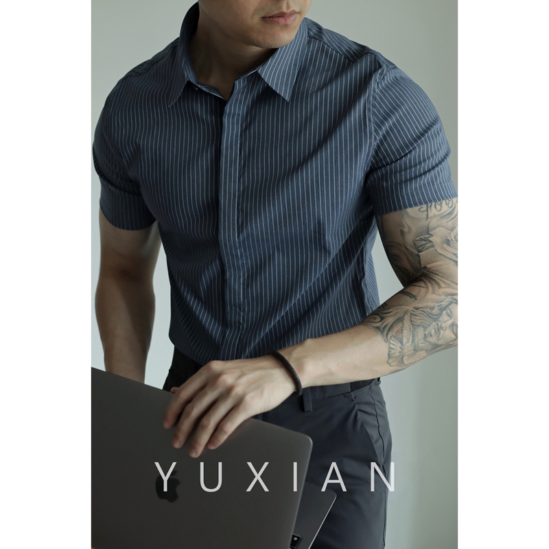Yuxian High-Density Yarn-Dyed Striped Short-Sleeve Shirt, Easy to Care For, Wrinkle-Resistant, No-Iron, Slightly Stretchy, for Daily Casual and Business Wear for Men