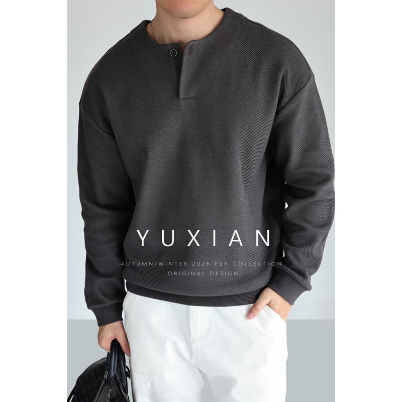 【3D Twill Jacquard】American Heavy-Weight Old Money Style Cotton Crew Neck Henry Collar Long-Sleeve Sweatshirt T-Shirt for Men, Autumn and Winter 【3D Twill Jacquard】American Heavy-Weight Old Money Style Cotton Crew Neck Henry Collar Long-Sleeve Sweatshirt T-Shirt for Men, Autumn and Winter