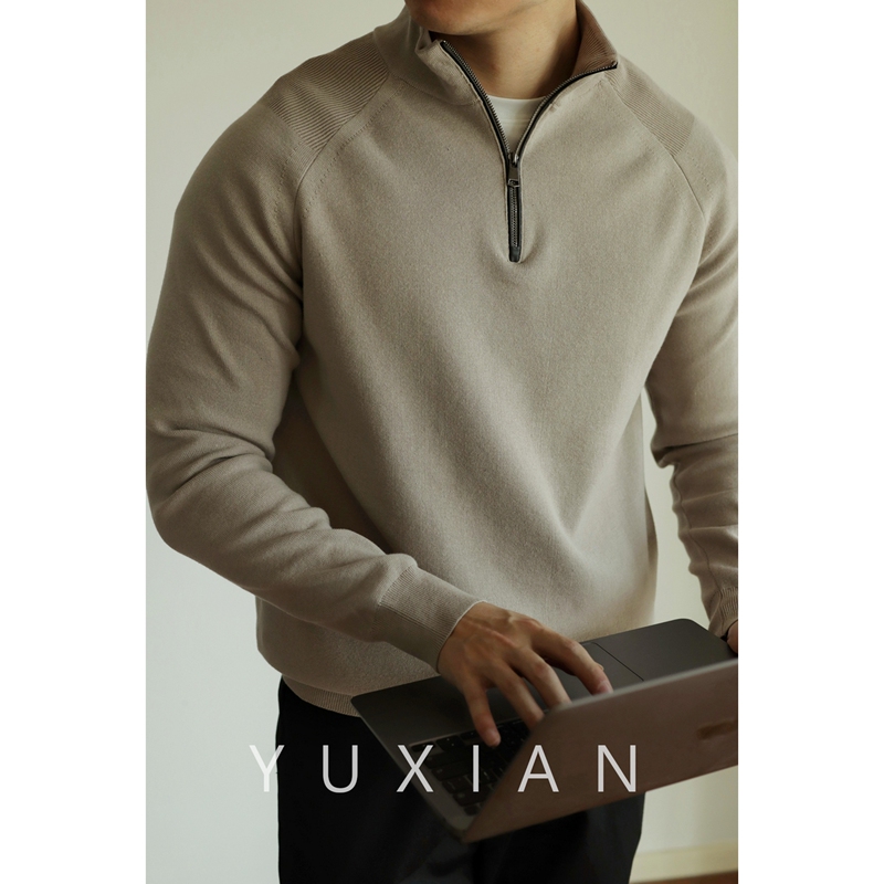 Yuxian Autumn and Winter High-Twist Long-Staple Cotton Retro Half-High Collar Zipper Solid Color Pullover Knitted Long-Sleeve Sweater for Men Yuxian Autumn and Winter High-Twist Long-Staple Cotton Retro Half-High Collar Zipper Solid Color Pullover Knitted Long-Sleeve Sweater for Men