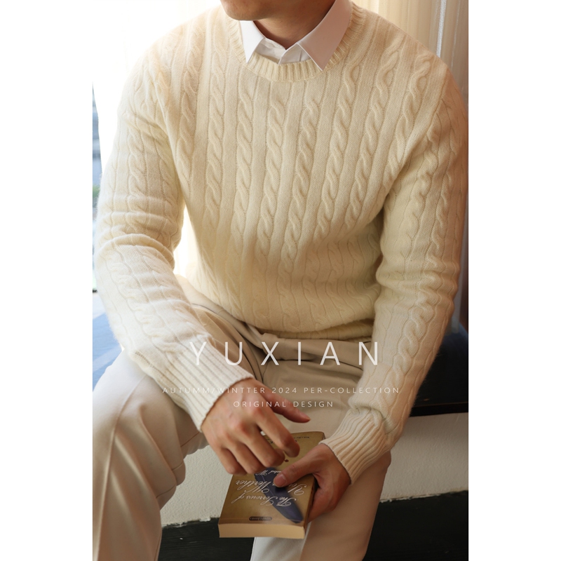 [Merino Wool] Vintage Cable Knit Pure Wool Sweater Knitted Round Neck Casual Business Long Sleeve Sweater Winter