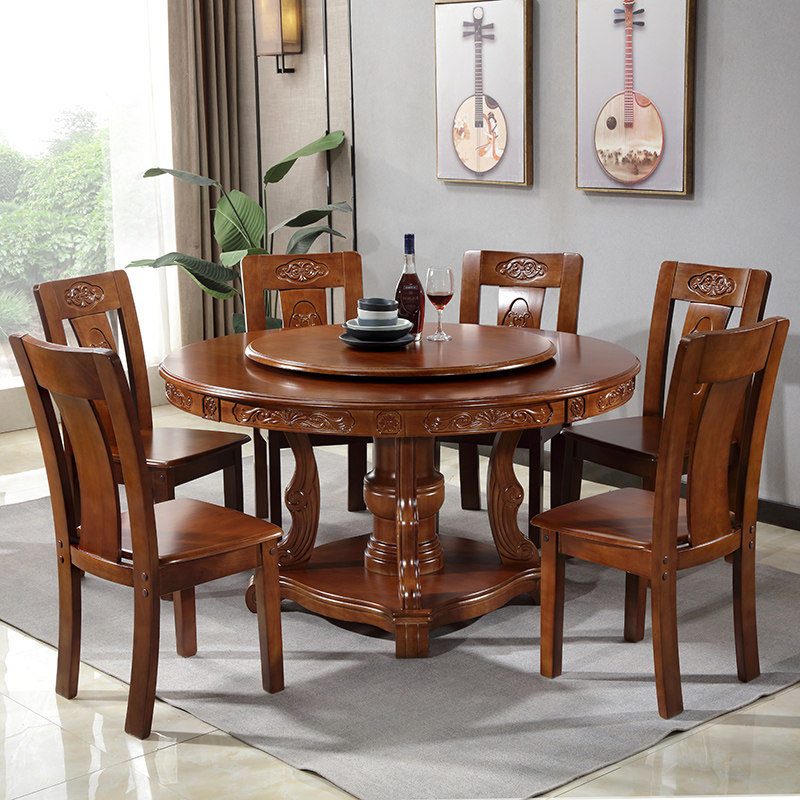 New Chinese-style solid wood dining table and chair combination 10 people 12 people with turntable carved large round table home round dining table