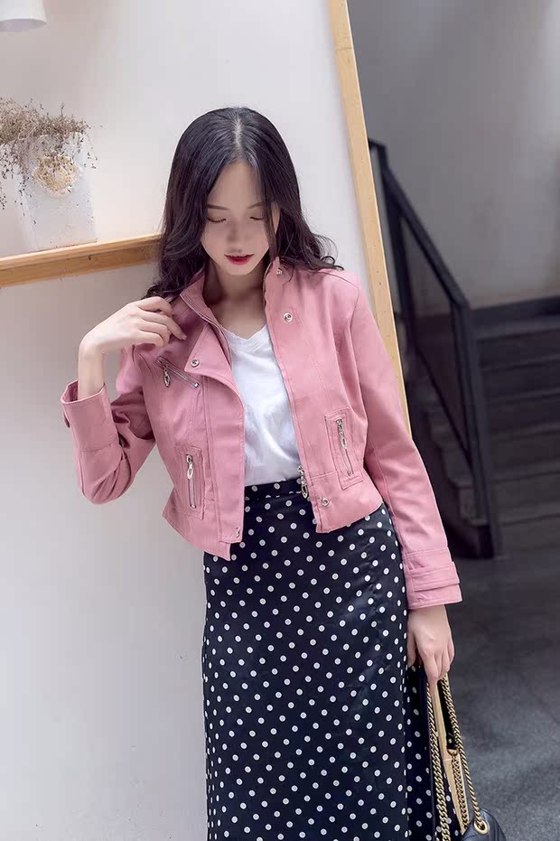 Xuân 2018 mùa xuân mới áo khoác gió nữ ulzzang retro da lộn in áo khoác xe máy ngắn đầm nữ
