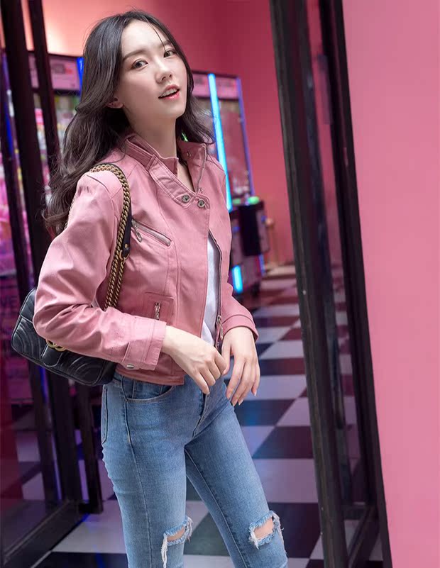Xuân 2018 mùa xuân mới áo khoác gió nữ ulzzang retro da lộn in áo khoác xe máy ngắn đầm nữ