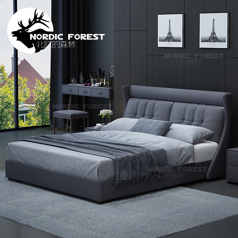 Nordic light extravagant solid wood genuine leather minimalist modern double bed 1 8 m head layer cow leather bed small family type main sleeper wedding bed