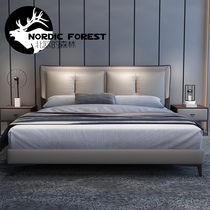 Light luxury Nordic solid wood leather bed Double bed 1 8 meters master bed Modern simple minimalist first layer cowhide wedding bed
