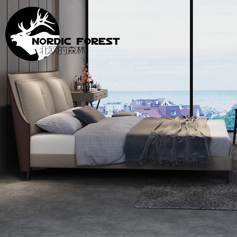 Nordic solid wood genuine leather beds light and luxurious double bed 1 8 m modern minimalist minimalist leather headbed Bull Leather Wedding bed