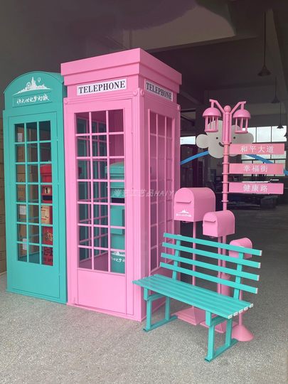Trendy Store Decoration Iron Art Pink Telephone Booth Storage Cabinet Mailbox Vintage Street Sign Large Props
