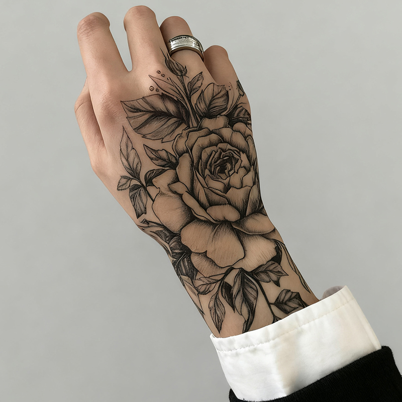 Rose Flower Hand] Herbal Tattoo Stickers Semi-Permanent Waterproof Long-Lasting Realistic Personality for Men on the Back of the Hand Non-Reflective Juice