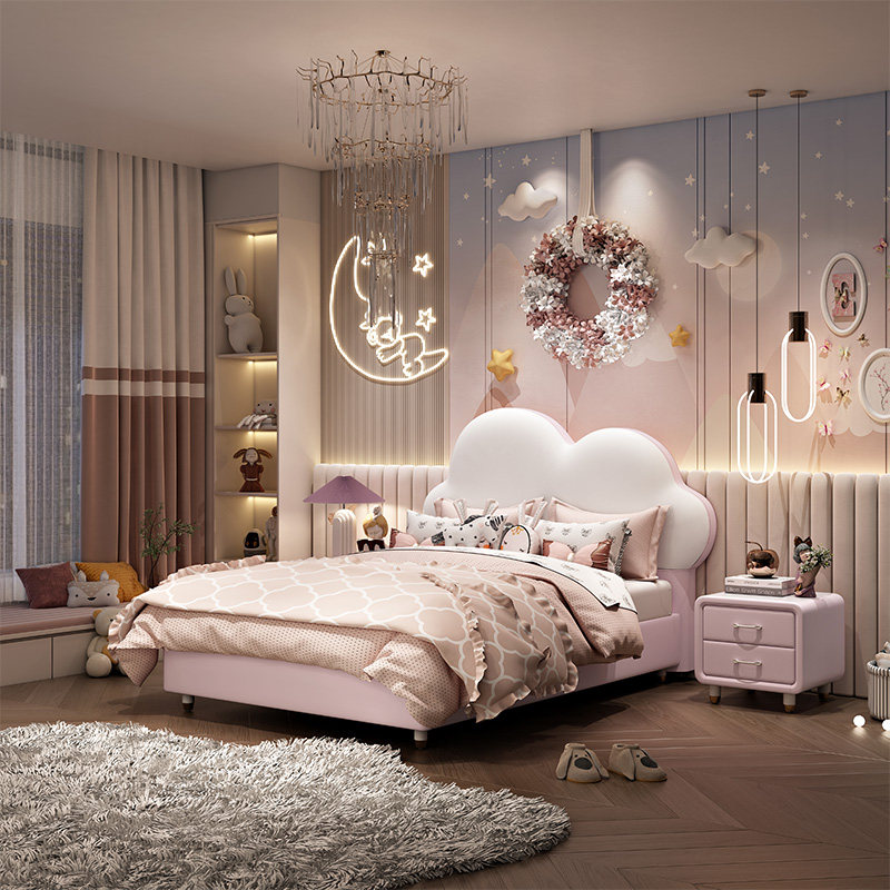 Children's bed girl princess bed bedroom ins wind grid red girl room 1 5 m single bed genuine leather soft bag cloud bed