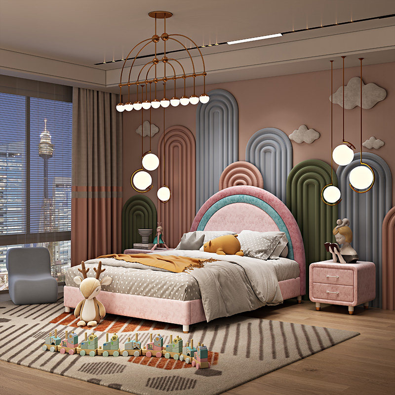 Children's bed girl princess bed 1 5 m light extravagant net red 1 2 single bed girl bedroom pink rainbow cloth art bed