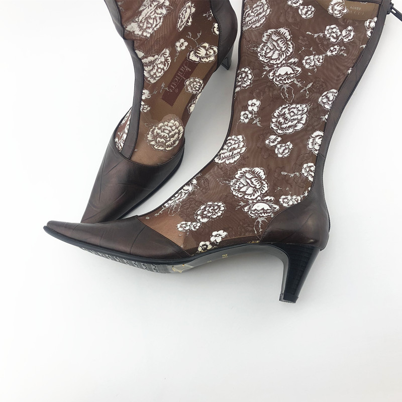 Vintage 霹雳 Cá tính vuông nhỏ bạn trai cũ sê-ri cao eo lưới openwork bốt sandal đêm tối boot cổ ngắn