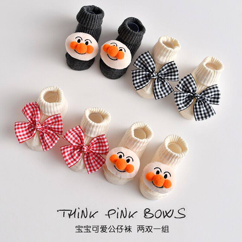 Two-double set of baby spring-autumn paparazzi pure cotton socks male and female styling cartoon cute pine mouth non-slip autumn and winter