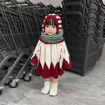 ins baby winter wear color-blocked knitted shawl New Years versatile hooded cloak childrens fashionable going out sweater cloak