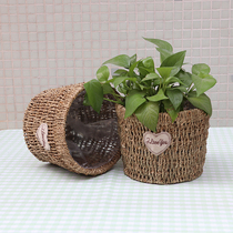 Wall wall hanging pastoral garden Straw flower pot green grass Creative straw basket Nordic style living room planting flower weaving basket