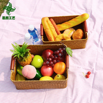 Huangtu pastoral wind handle square straw basket books magazine Toy fruit basket outdoor picnic basket