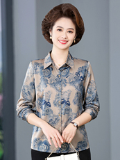 Одежда для дам 五十岁妈妈夏装桑蚕丝衬衫翻领长袖中老年妇女香云纱t恤衬衣外穿