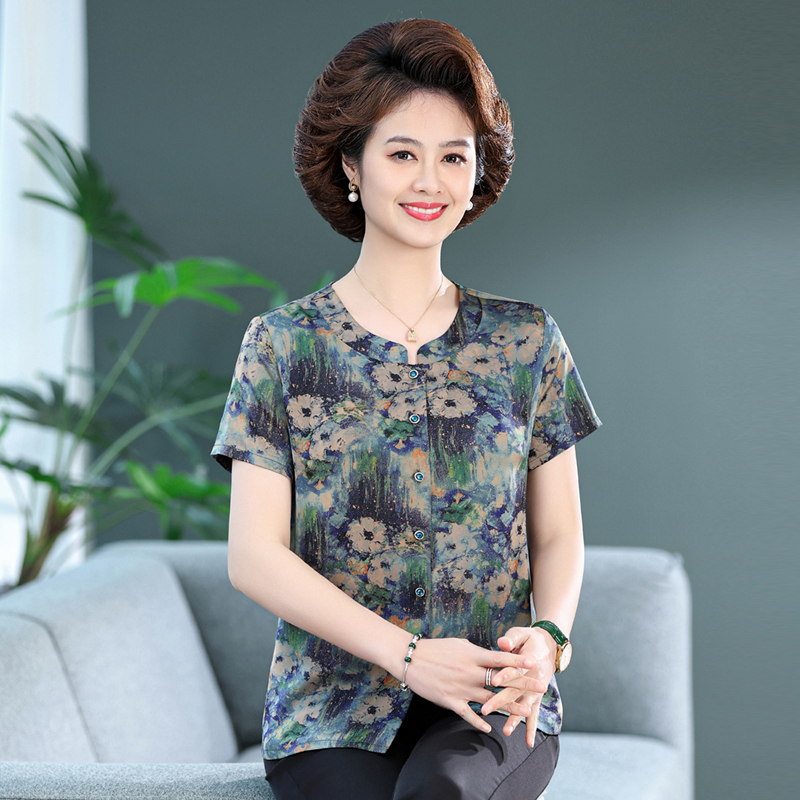Summer Silk Shirt for 50-Year-Old Mothers, Short-Sleeved Floral Print, 2026 Middle-Aged and Elderly Women's Mulberry Silk Shirt for Grandma